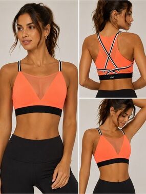 Alo Yoga Neon Orange Mesh Sports Bra Strappy Back Size Small